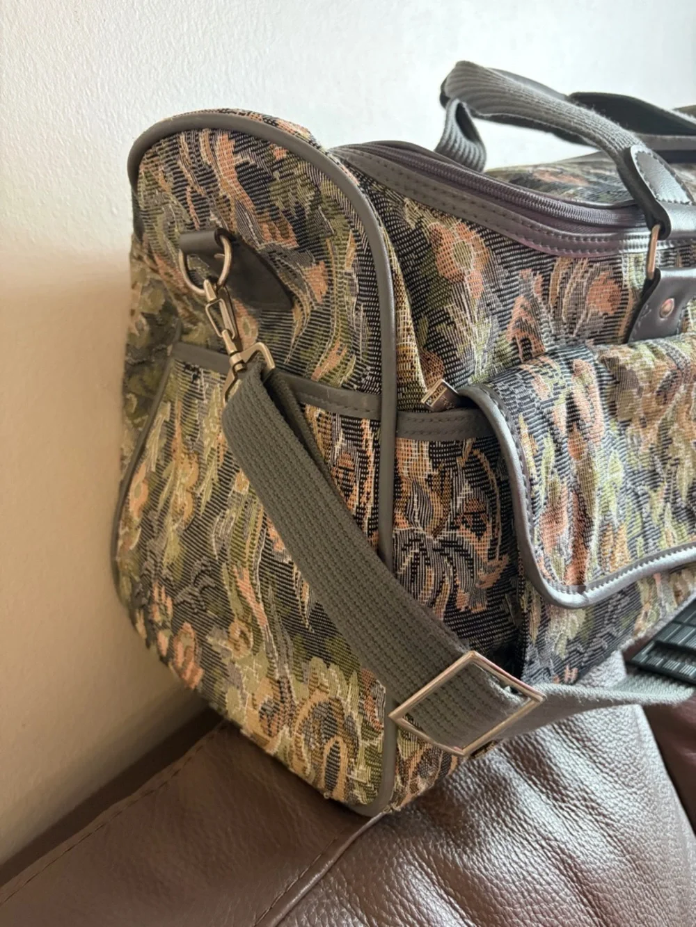 Oscar de la Renta Gray, Olive, Rust & Cream Floral Tapestry Weekender - Picture 6 of 14